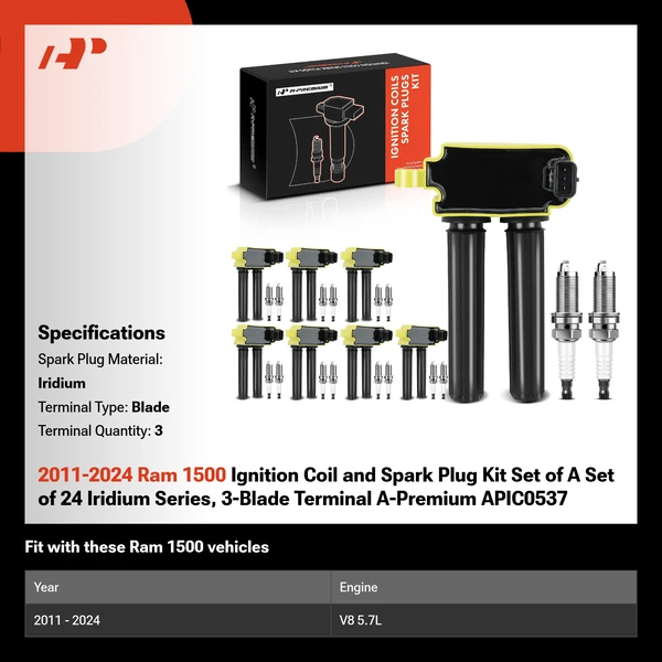 2011-2024 Ram 1500 Ignition Coil and Spark Plug Kit Set of A Set of 24 Iridium Series, 3-Blade Terminal A-Premium APIC0537