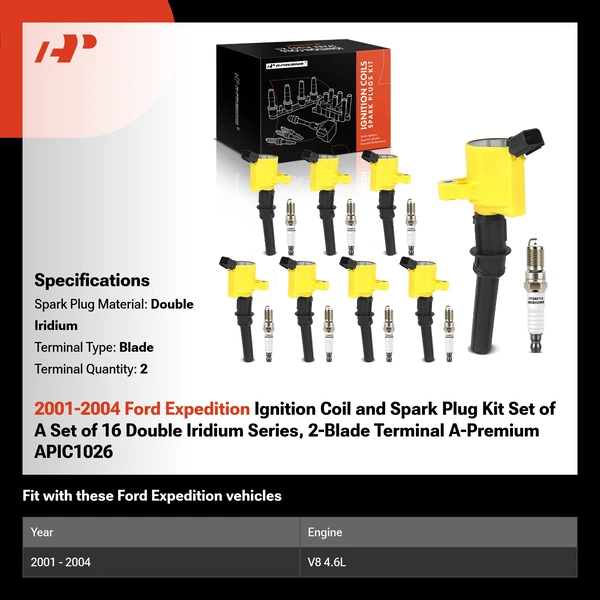 2001-2004 Ford Expedition Ignition Coil and Spark Plug Kit Set of A Set of 16 Double Iridium Series, 2-Blade Terminal A-Premium APIC1026