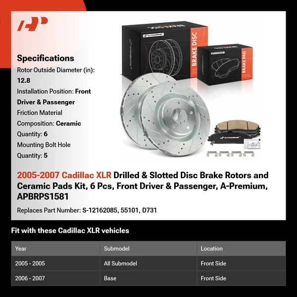 2005-2007 Cadillac XLR Drilled & Slotted Disc Brake Rotors and Ceramic Pads Kit, 6 Pcs, Front Driver & Passenger, A-Premium, APBRPS1581