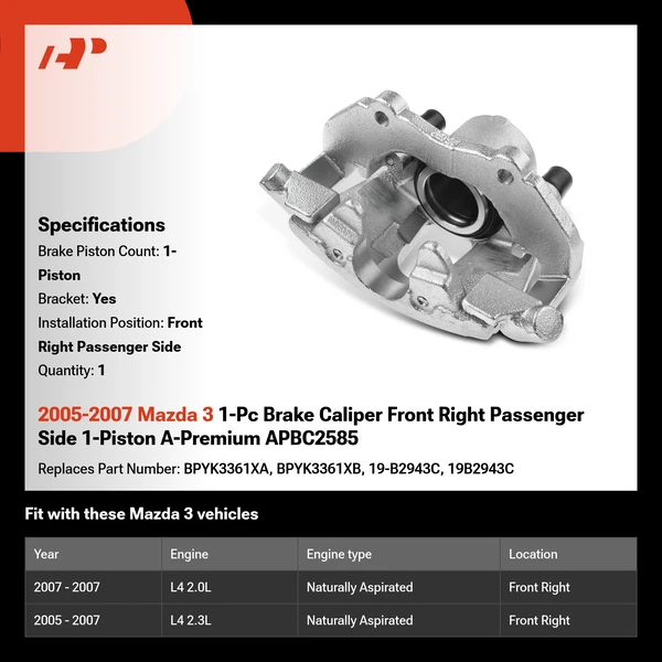 2005-2007 Mazda 3 1-Pc Brake Caliper Front Right Passenger Side 1-Piston A-Premium APBC2585