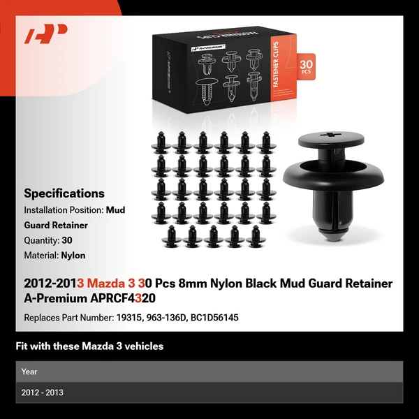 2012-2013 Mazda 3 30 Pcs 8mm Nylon Black Mud Guard Retainer A-Premium APRCF4320