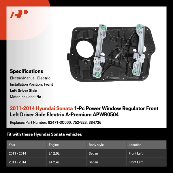 2011-2014 Hyundai Sonata 1-Pc Power Window Regulator Front Left Driver Side Electric A-Premium APWR0504