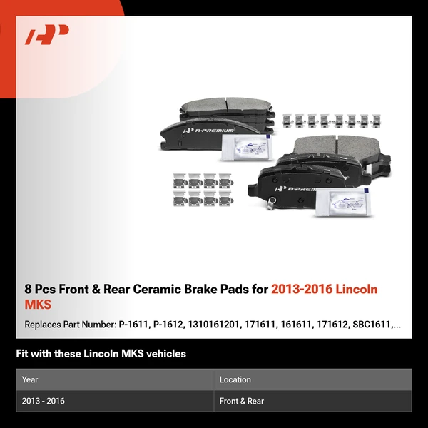 8 Pcs Front & Rear Ceramic Brake Pads for 2013-2016 Lincoln MKS