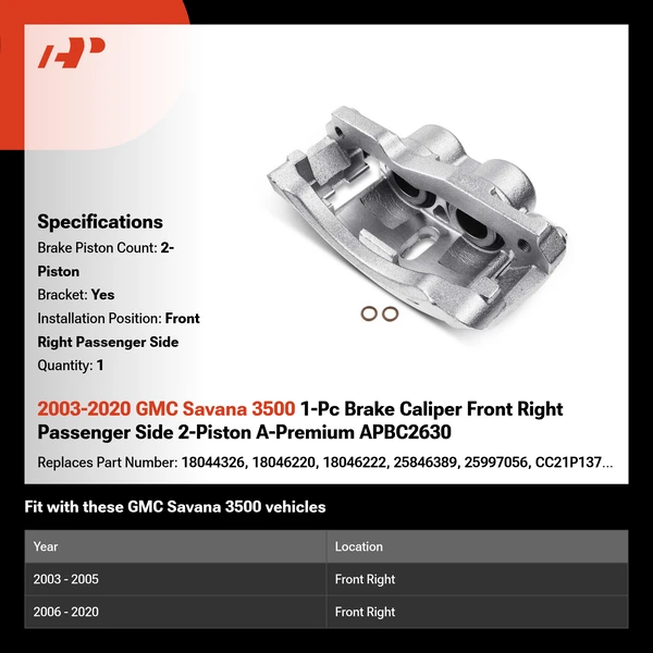 2003-2020 GMC Savana 3500 1-Pc Brake Caliper Front Right Passenger Side 2-Piston A-Premium APBC2630