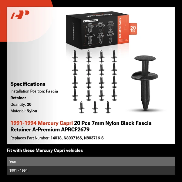 1991-1994 Mercury Capri 20 Pcs 7mm Nylon Black Fascia Retainer A-Premium APRCF2679