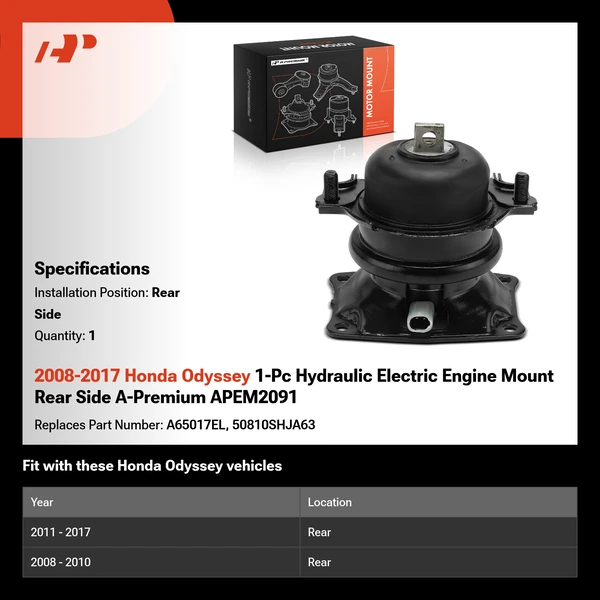 2008-2017 Honda Odyssey 1-Pc Hydraulic Electric Engine Mount Rear Side A-Premium APEM2091