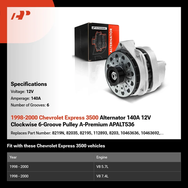 1998-2000 Chevrolet Express 3500 Alternator 140A 12V Clockwise 6-Groove Pulley A-Premium APALT536