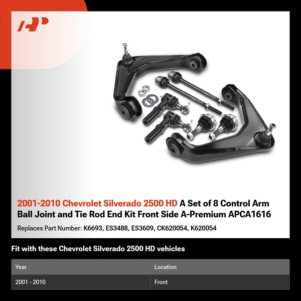 2001-2010 Chevrolet Silverado 2500 HD A Set of 8 Control Arm Ball Joint and Tie Rod End Kit Front Side A-Premium APCA1616