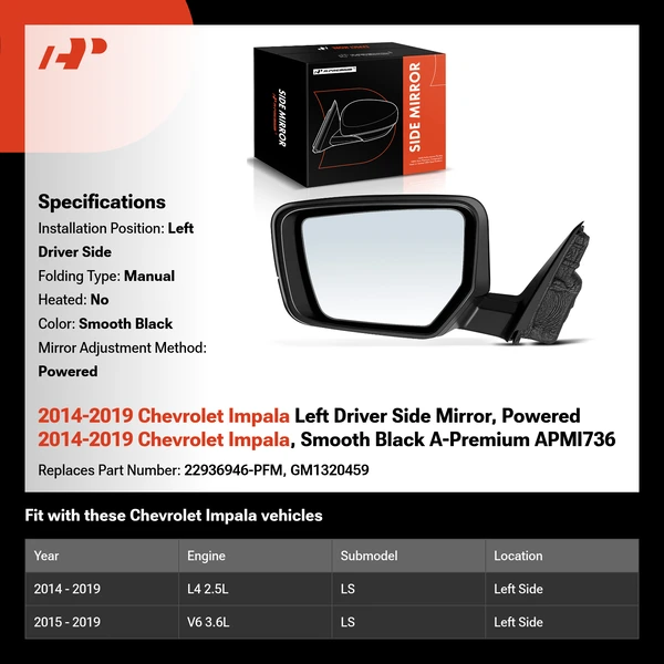 2014-2019 Chevrolet Impala Left Driver Side Mirror, Powered 2014-2019 Chevrolet Impala, Smooth Black A-Premium APMI736