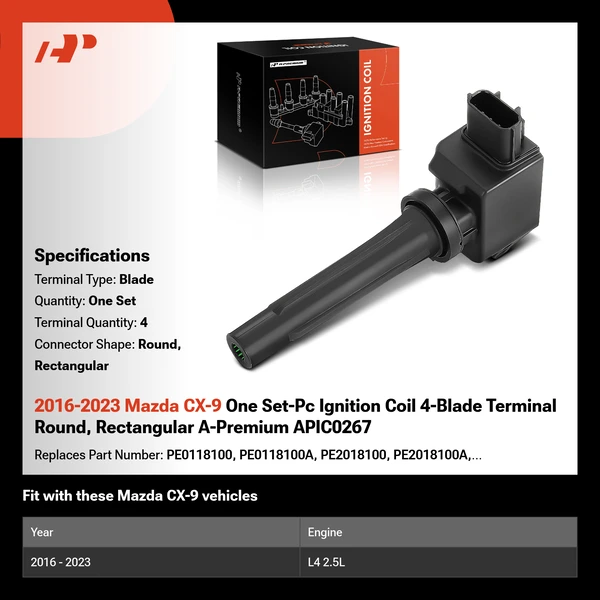 2016-2023 Mazda CX-9 One Set-Pc Ignition Coil 4-Blade Terminal Round, Rectangular A-Premium APIC0267