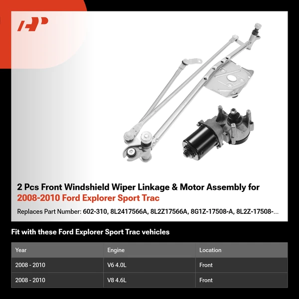 2 Pcs Front Windshield Wiper Linkage & Motor Assembly for 2008-2010 Ford Explorer Sport Trac