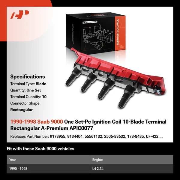 1990-1998 Saab 9000 One Set-Pc Ignition Coil 10-Blade Terminal Rectangular A-Premium APIC0077
