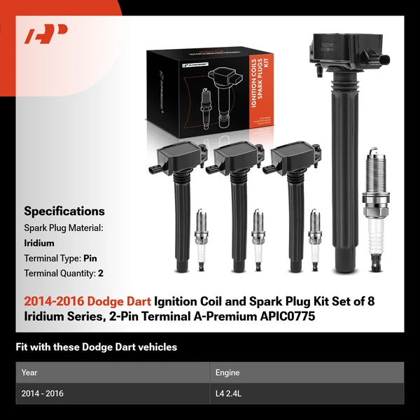 2014-2016 Dodge Dart Ignition Coil and Spark Plug Kit Set of 8 Iridium Series, 2-Pin Terminal A-Premium APIC0775