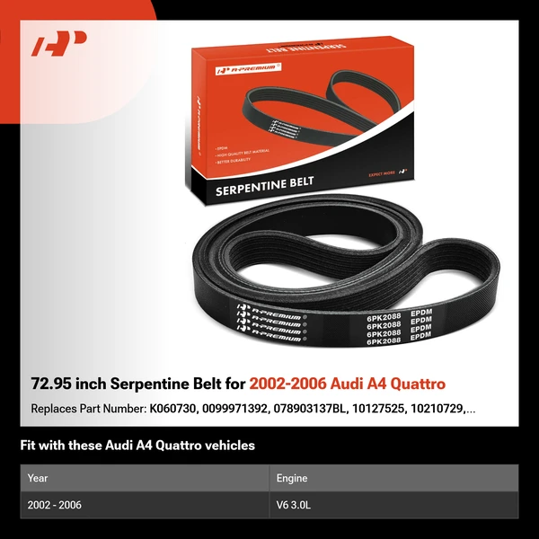 72.95 inch Serpentine Belt for 2002-2006 Audi A4 Quattro