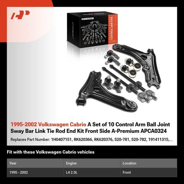1995-2002 Volkswagen Cabrio A Set of 10 Control Arm Ball Joint Sway Bar Link Tie Rod End Kit Front Side A-Premium APCA0324