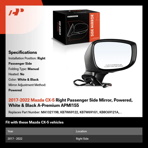 2017-2022 Mazda CX-5 Right Passenger Side Mirror, Powered, White & Black A-Premium APMI155