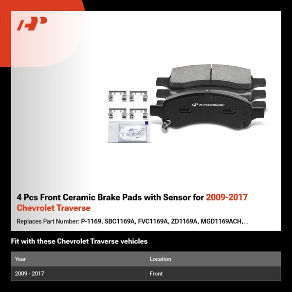 4 Pcs Front Ceramic Brake Pads with Sensor for 2009-2017 Chevrolet Traverse