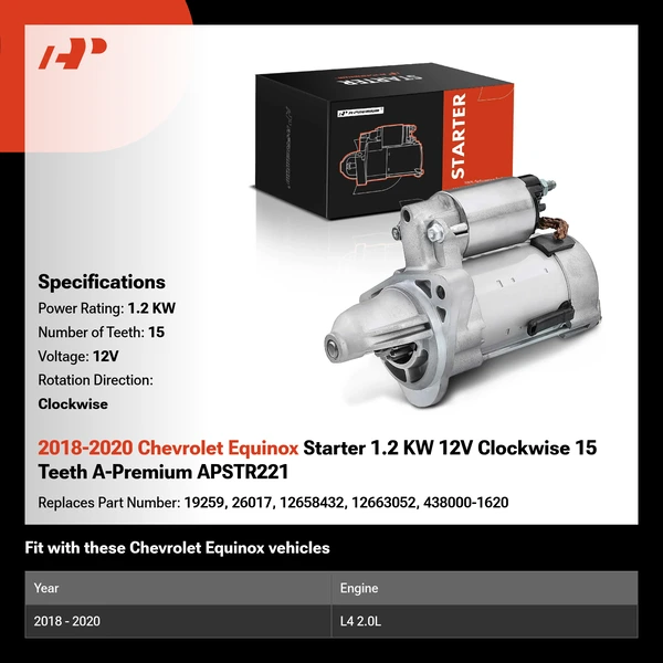 2018-2020 Chevrolet Equinox Starter 1.2 KW 12V Clockwise 15 Teeth A-Premium APSTR221
