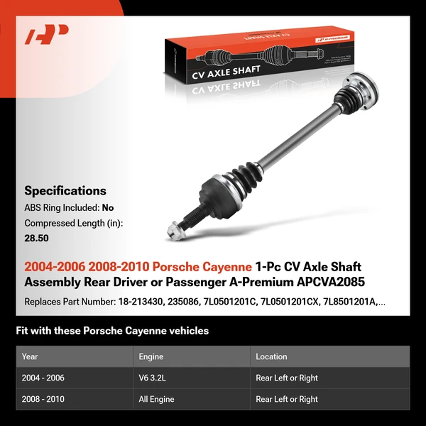 2004-2006 2008-2010 Porsche Cayenne 1-Pc CV Axle Shaft Assembly Rear Driver or Passenger A-Premium APCVA2085