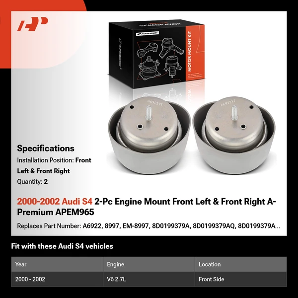 2000-2002 Audi S4 2-Pc Engine Mount Front Left & Front Right A-Premium APEM965