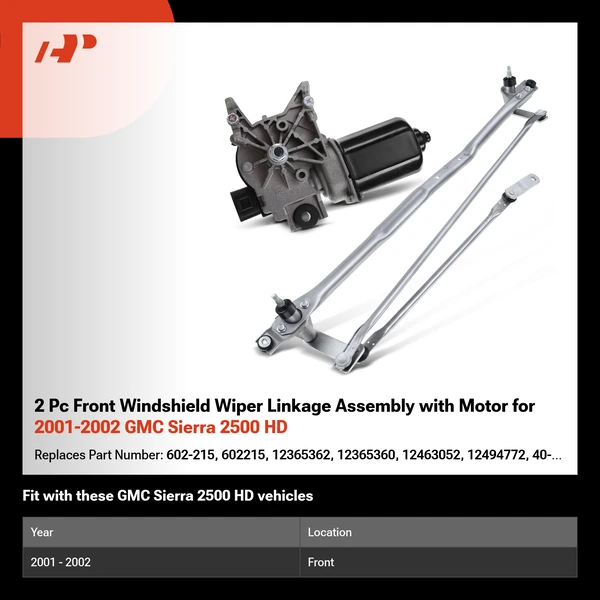 2 Pc Front Windshield Wiper Linkage Assembly with Motor for 2001-2002 GMC Sierra 2500 HD