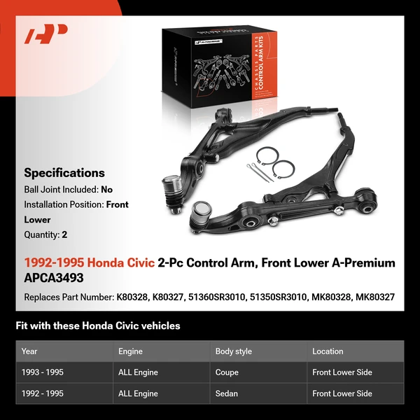 1992-1995 Honda Civic 2-Pc Control Arm, Front Lower A-Premium APCA3493