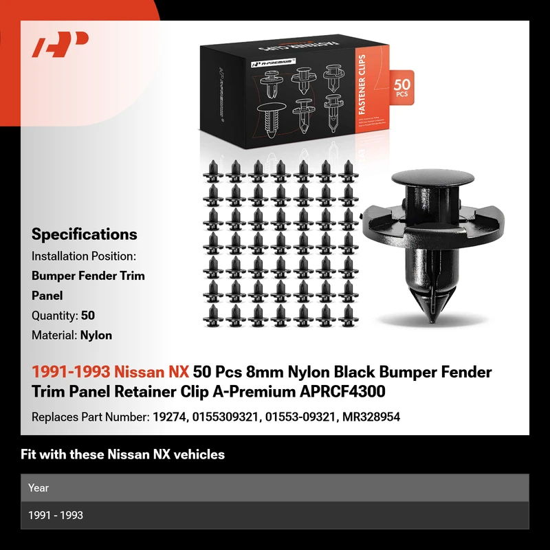 1991-1993 Nissan NX 50 Pcs 8mm Nylon Black Bumper Fender Trim Panel Retainer Clip A-Premium APRCF4300