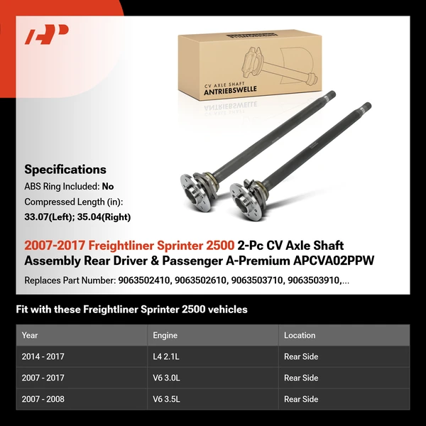 2007-2017 Freightliner Sprinter 2500 2-Pc CV Axle Shaft Assembly Rear Driver & Passenger A-Premium APCVA02PPW