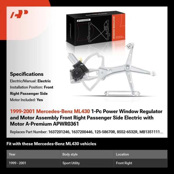 1999-2001 Mercedes-Benz ML430 1-Pc Power Window Regulator and Motor Assembly Front Right Passenger Side Electric with Motor A-Premium APWR0361