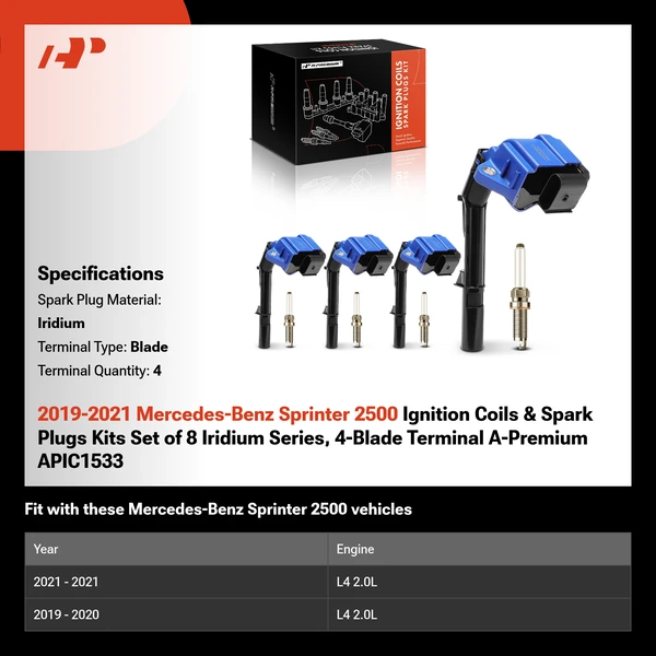 2019-2021 Mercedes-Benz Sprinter 2500 Ignition Coils & Spark Plugs Kits Set of 8 Iridium Series, 4-Blade Terminal A-Premium APIC1533