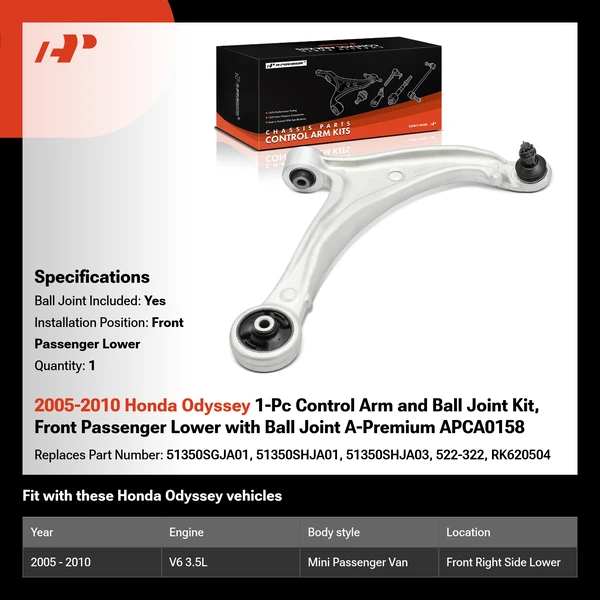 2005-2010 Honda Odyssey 1-Pc Control Arm and Ball Joint Kit, Front Passenger Lower with Ball Joint A-Premium APCA0158