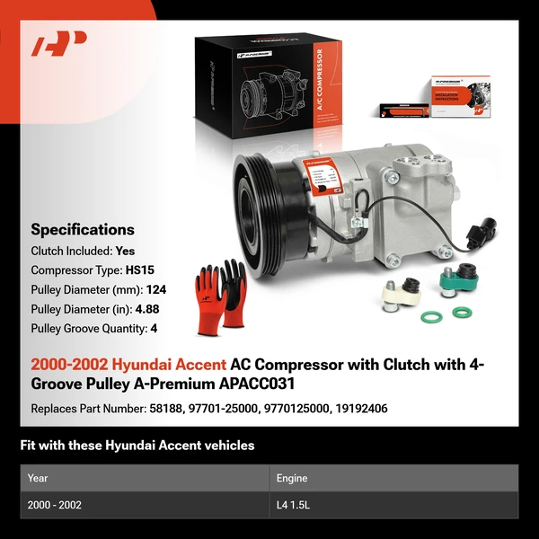 2000-2002 Hyundai Accent AC Compressor with Clutch with 4-Groove Pulley A-Premium APACC031