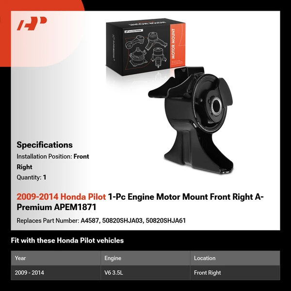 2009-2014 Honda Pilot 1-Pc Engine Motor Mount Front Right A-Premium APEM1871