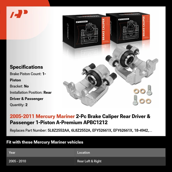 2005-2011 Mercury Mariner 2-Pc Brake Caliper Rear Driver & Passenger 1-Piston A-Premium APBC1212