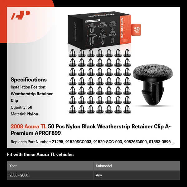 2008 Acura TL 50 Pcs Nylon Black Weatherstrip Retainer Clip A-Premium APRCF899