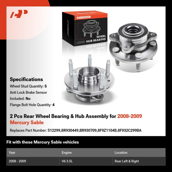 2 Pcs Rear Wheel Bearing & Hub Assembly for 2008-2009 Mercury Sable