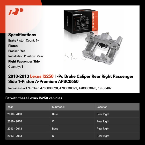 2010-2013 Lexus IS250 1-Pc Brake Caliper Rear Right Passenger Side 1-Piston A-Premium APBC0660