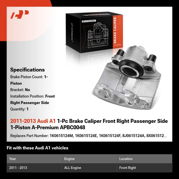2011-2013 Audi A1 1-Pc Brake Caliper Front Right Passenger Side 1-Piston A-Premium APBC0048