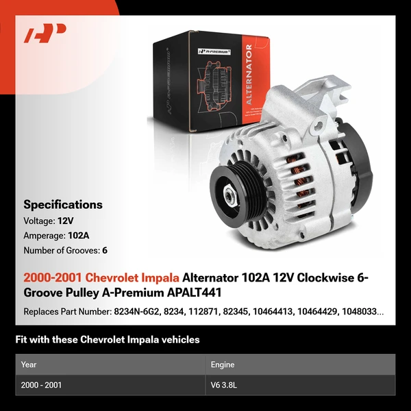2000-2001 Chevrolet Impala Alternator 102A 12V Clockwise 6-Groove Pulley A-Premium APALT441