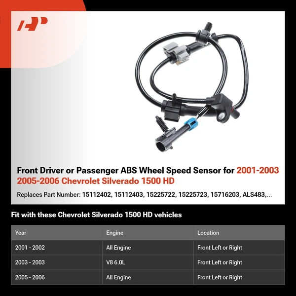 Front Driver or Passenger ABS Wheel Speed Sensor for 2001-2003 2005-2006 Chevrolet Silverado 1500 HD