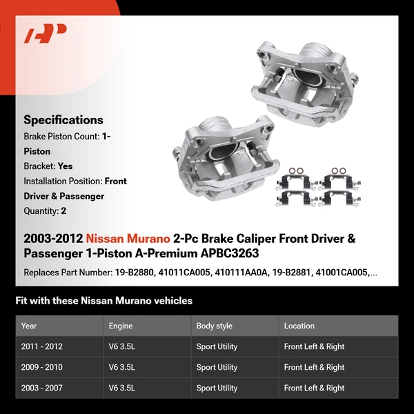 2003-2012 Nissan Murano 2-Pc Brake Caliper Front Driver & Passenger 1-Piston A-Premium APBC3263