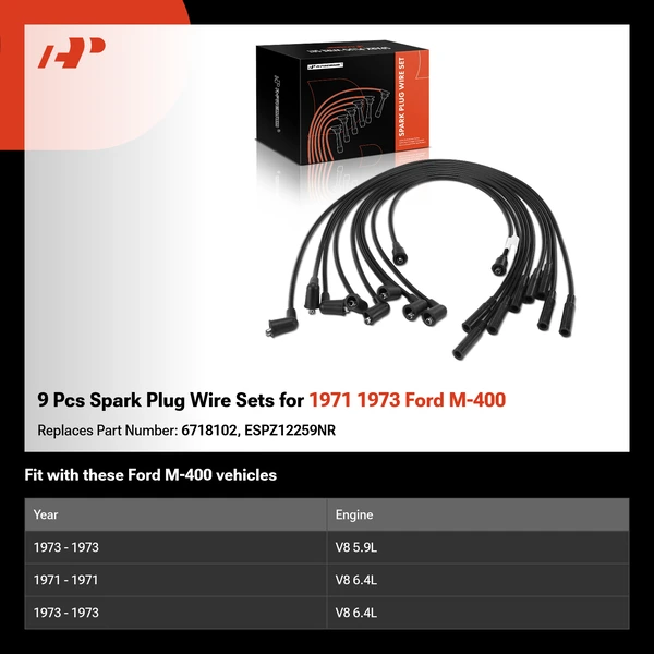 9 Pcs Spark Plug Wire Sets for 1971 1973 Ford M-400