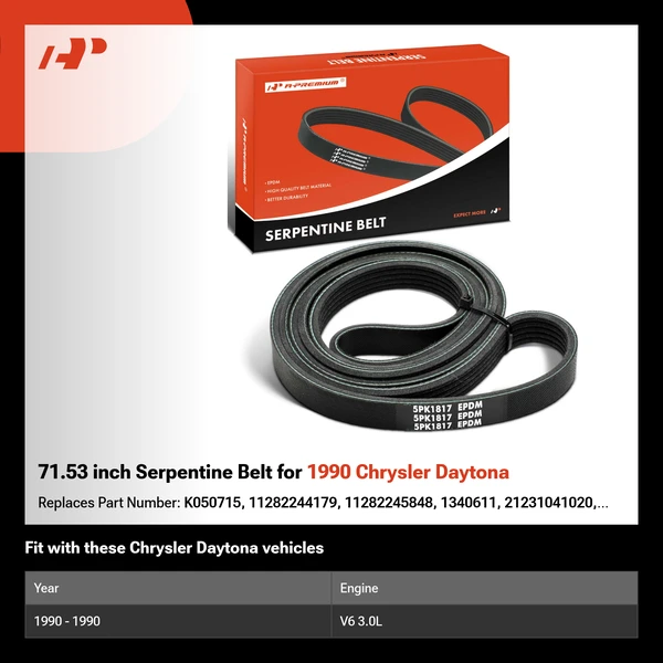71.53 inch Serpentine Belt for 1990 Chrysler Daytona