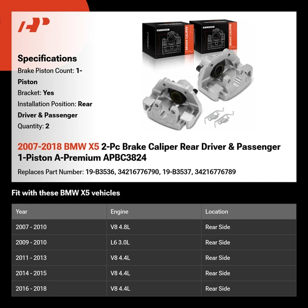 2007-2018 BMW X5 2-Pc Brake Caliper Rear Driver & Passenger 1-Piston A-Premium APBC3824