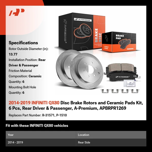 2014-2019 INFINITI QX80 Disc Brake Rotors and Ceramic Pads Kit, 6 Pcs, Rear Driver & Passenger, A-Premium, APBRPR1269