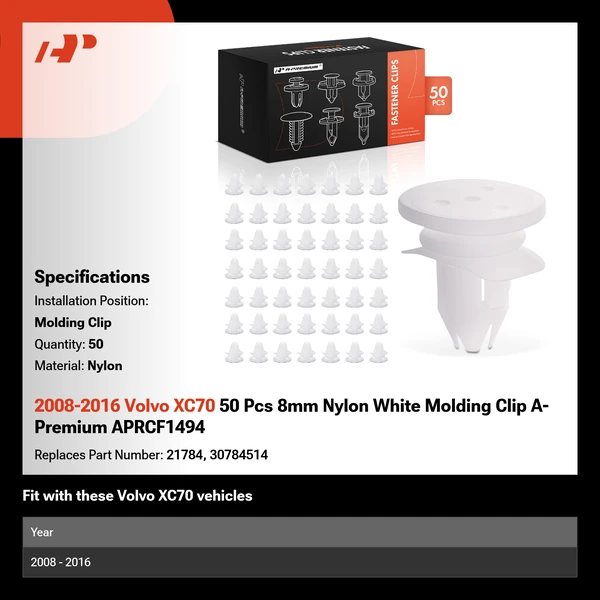 2008-2016 Volvo XC70 50 Pcs 8mm Nylon White Molding Clip A-Premium APRCF1494
