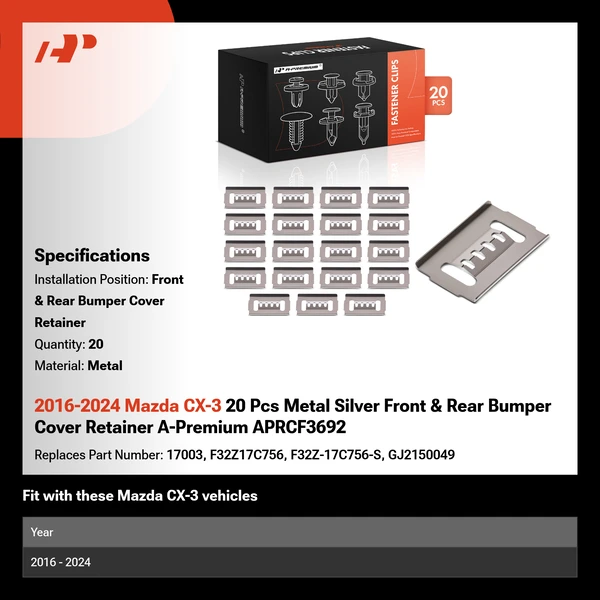 2016-2024 Mazda CX-3 20 Pcs Metal Silver Front & Rear Bumper Cover Retainer A-Premium APRCF3692