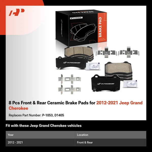 8 Pcs Front & Rear Ceramic Brake Pads for 2012-2021 Jeep Grand Cherokee