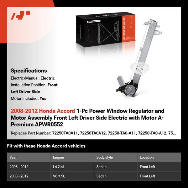 2008-2012 Honda Accord 1-Pc Power Window Regulator and Motor Assembly Front Left Driver Side Electric with Motor A-Premium APWR0552