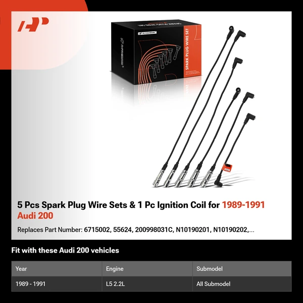 5 Pcs Spark Plug Wire Sets & 1 Pc Ignition Coil for 1989-1991 Audi 200